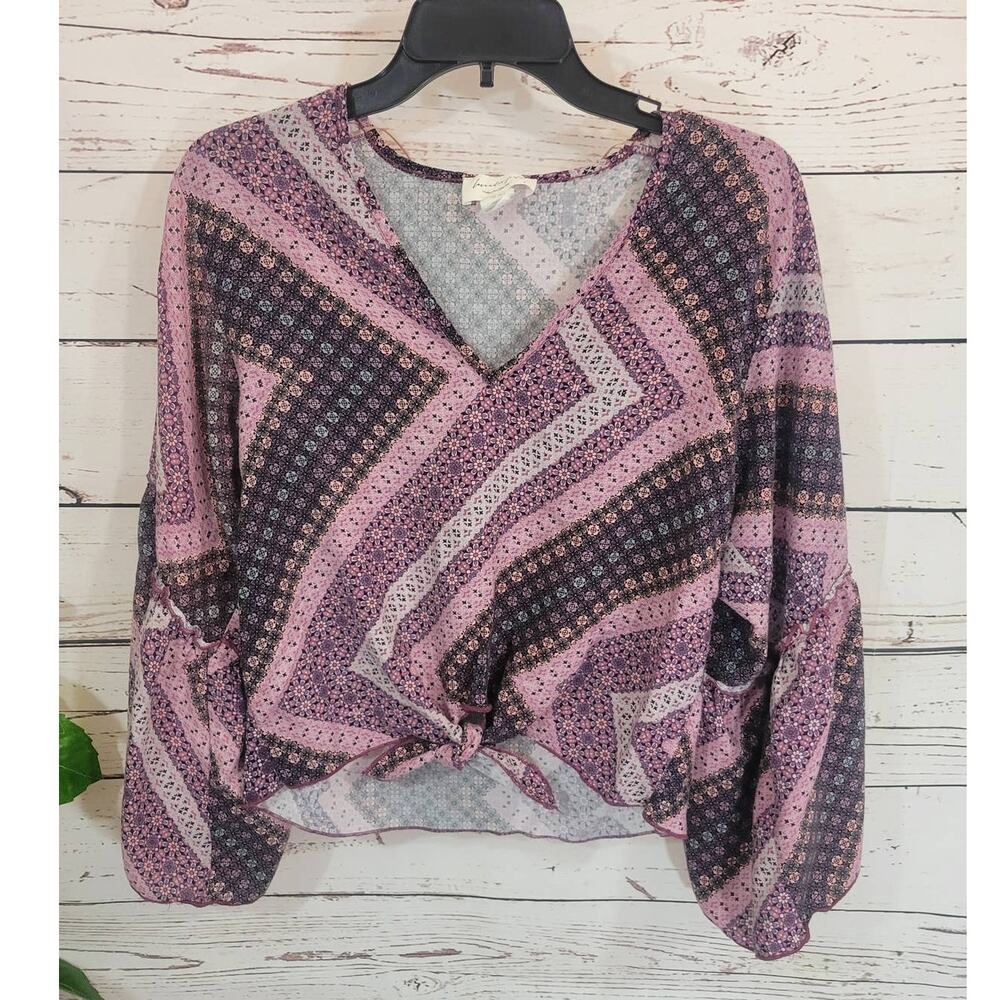 Lavender Field Crop Top Pink Gray Boho Front Tie Bell Sleeve Women's Size Large